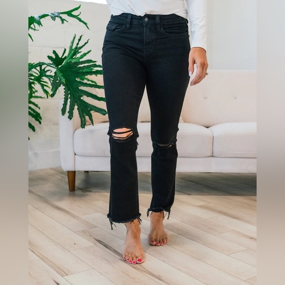 Vervet blue size 27 black bootcut distressed  denim raw hem wide leg - Picture 1 of 10